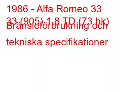 1986 - Alfa Romeo 33
33 (905) 1,8 TD (73 hk) Bränsleförbrukning och tekniska specifikationer