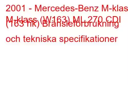 2001 - Mercedes-Benz M-klass
M-klass (W163) ML 270 CDI (163 hk) Bränsleförbrukning och tekniska specifikationer