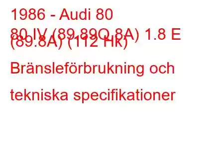 1986 - Audi 80
80 IV (89.89Q,8A) 1.8 E (89.8A) (112 Hk) Bränsleförbrukning och tekniska specifikationer