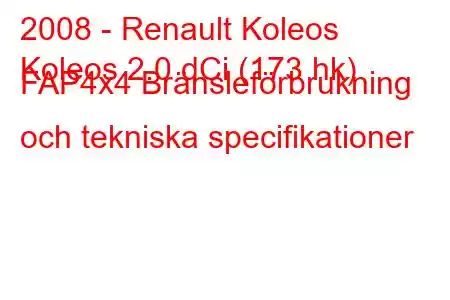 2008 - Renault Koleos
Koleos 2.0 dCi (173 hk) FAP4x4 Bränsleförbrukning och tekniska specifikationer