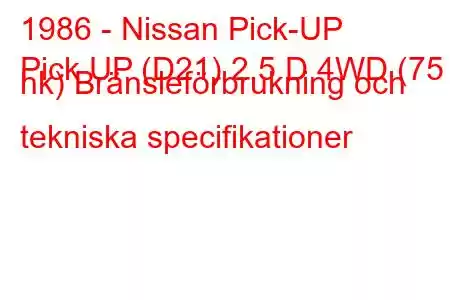 1986 - Nissan Pick-UP
Pick UP (D21) 2,5 D 4WD (75 hk) Bränsleförbrukning och tekniska specifikationer