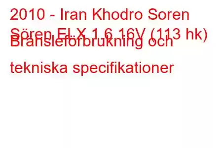 2010 - Iran Khodro Soren
Sören ELX 1.6 16V (113 hk) Bränsleförbrukning och tekniska specifikationer