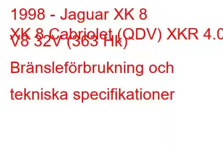 1998 - Jaguar XK 8
XK 8 Cabriolet (QDV) XKR 4.0 i V8 32V (363 Hk) Bränsleförbrukning och tekniska specifikationer