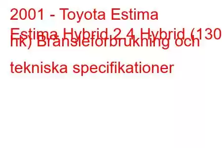 2001 - Toyota Estima
Estima Hybrid 2.4 Hybrid (130 hk) Bränsleförbrukning och tekniska specifikationer