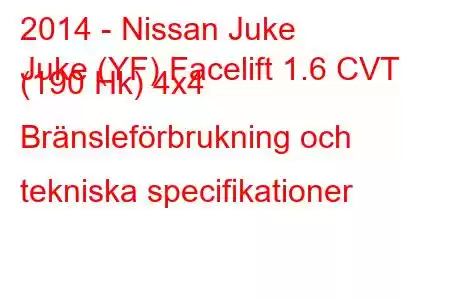 2014 - Nissan Juke
Juke (YF) Facelift 1.6 CVT (190 Hk) 4x4 Bränsleförbrukning och tekniska specifikationer