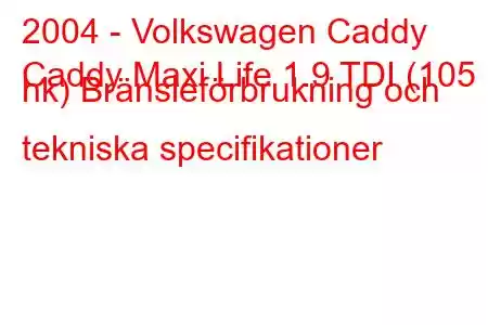 2004 - Volkswagen Caddy
Caddy Maxi Life 1.9 TDI (105 hk) Bränsleförbrukning och tekniska specifikationer