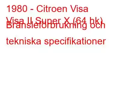 1980 - Citroen Visa
Visa II Super X (64 hk) Bränsleförbrukning och tekniska specifikationer