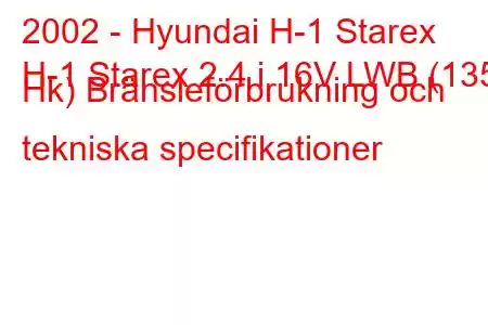 2002 - Hyundai H-1 Starex
H-1 Starex 2.4 i 16V LWB (135 Hk) Bränsleförbrukning och tekniska specifikationer