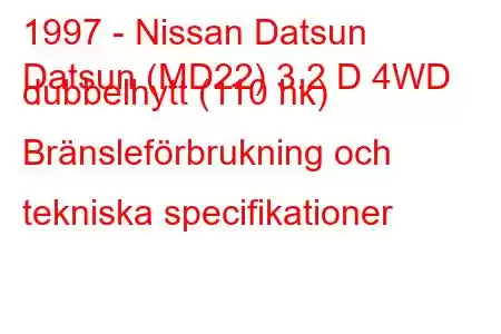 1997 - Nissan Datsun
Datsun (MD22) 3.2 D 4WD dubbelhytt (110 hk) Bränsleförbrukning och tekniska specifikationer