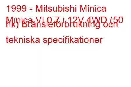 1999 - Mitsubishi Minica
Minica VI 0.7 i 12V 4WD (50 hk) Bränsleförbrukning och tekniska specifikationer