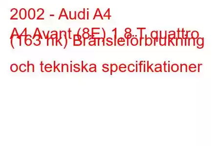 2002 - Audi A4
A4 Avant (8E) 1,8 T quattro (163 hk) Bränsleförbrukning och tekniska specifikationer