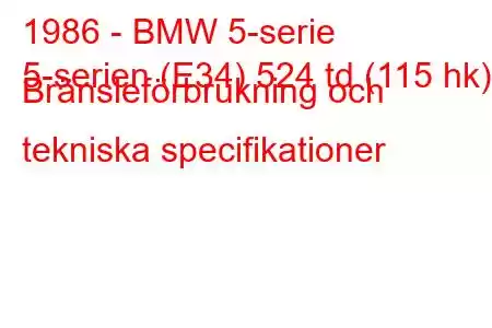 1986 - BMW 5-serie
5-serien (E34) 524 td (115 hk) Bränsleförbrukning och tekniska specifikationer