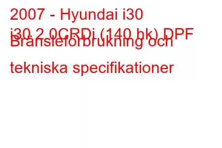 2007 - Hyundai i30
i30 2.0CRDi (140 hk) DPF Bränsleförbrukning och tekniska specifikationer