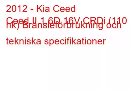 2012 - Kia Ceed
Ceed II 1.6D 16V CRDi (110 hk) Bränsleförbrukning och tekniska specifikationer