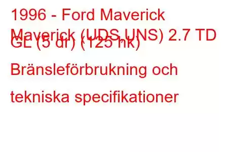 1996 - Ford Maverick
Maverick (UDS,UNS) 2.7 TD GL (5 dr) (125 hk) Bränsleförbrukning och tekniska specifikationer