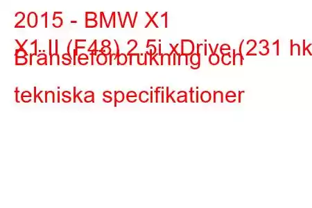 2015 - BMW X1
X1 II (F48) 2.5i xDrive (231 hk) Bränsleförbrukning och tekniska specifikationer