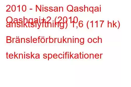 2010 - Nissan Qashqai
Qashqai+2 (2010 ansiktslyftning) 1,6 (117 hk) Bränsleförbrukning och tekniska specifikationer