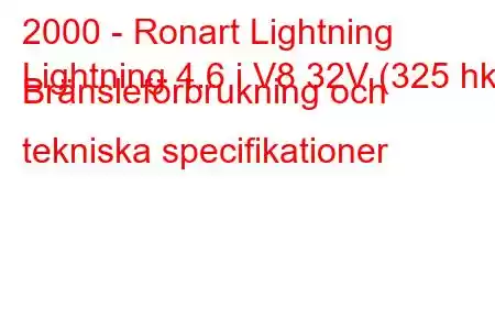 2000 - Ronart Lightning
Lightning 4.6 i V8 32V (325 hk) Bränsleförbrukning och tekniska specifikationer