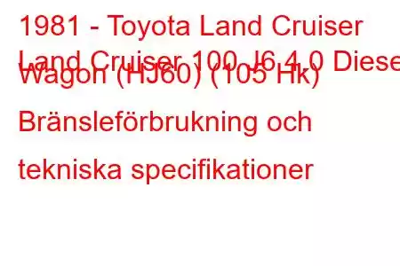 1981 - Toyota Land Cruiser
Land Cruiser 100 J6 4.0 Diesel Wagon (HJ60) (105 Hk) Bränsleförbrukning och tekniska specifikationer