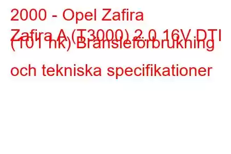 2000 - Opel Zafira
Zafira A (T3000) 2.0 16V DTI (101 hk) Bränsleförbrukning och tekniska specifikationer