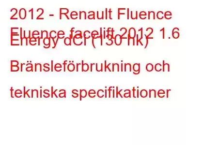 2012 - Renault Fluence
Fluence facelift 2012 1.6 Energy dCi (130 hk) Bränsleförbrukning och tekniska specifikationer