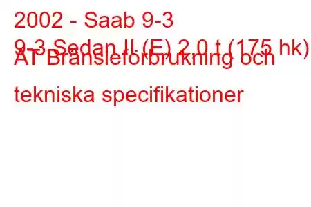 2002 - Saab 9-3
9-3 Sedan II (E) 2,0 t (175 hk) AT Bränsleförbrukning och tekniska specifikationer