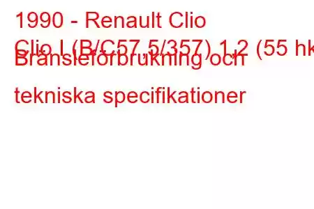 1990 - Renault Clio
Clio I (B/C57,5/357) 1,2 (55 hk) Bränsleförbrukning och tekniska specifikationer