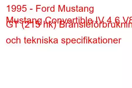 1995 - Ford Mustang
Mustang Convertible IV 4.6 V8 GT (215 hk) Bränsleförbrukning och tekniska specifikationer