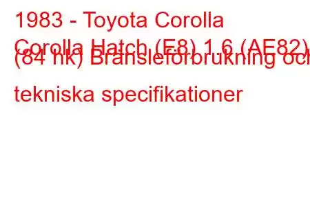 1983 - Toyota Corolla
Corolla Hatch (E8) 1.6 (AE82) (84 hk) Bränsleförbrukning och tekniska specifikationer