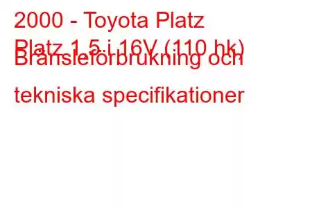 2000 - Toyota Platz
Platz 1,5 i 16V (110 hk) Bränsleförbrukning och tekniska specifikationer