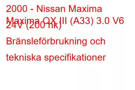 2000 - Nissan Maxima
Maxima QX III (A33) 3.0 V6 24V (200 hk) Bränsleförbrukning och tekniska specifikationer