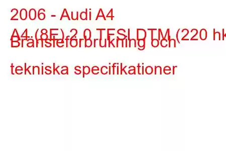 2006 - Audi A4
A4 (8E) 2.0 TFSI DTM (220 hk) Bränsleförbrukning och tekniska specifikationer