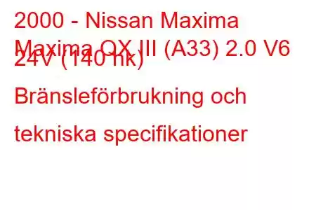 2000 - Nissan Maxima
Maxima QX III (A33) 2.0 V6 24V (140 hk) Bränsleförbrukning och tekniska specifikationer