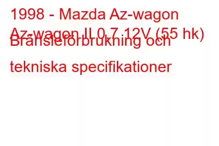 1998 - Mazda Az-wagon
Az-wagon II 0,7 12V (55 hk) Bränsleförbrukning och tekniska specifikationer