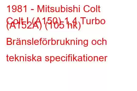 1981 - Mitsubishi Colt
Colt I (A150) 1,4 Turbo (A152A) (105 hk) Bränsleförbrukning och tekniska specifikationer