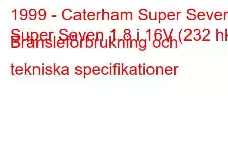 1999 - Caterham Super Seven
Super Seven 1.8 i 16V (232 hk) Bränsleförbrukning och tekniska specifikationer