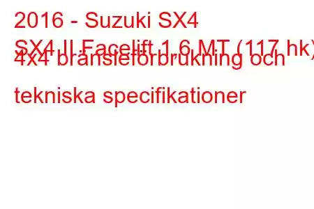 2016 - Suzuki SX4
SX4 II Facelift 1,6 MT (117 hk) 4x4 bränsleförbrukning och tekniska specifikationer