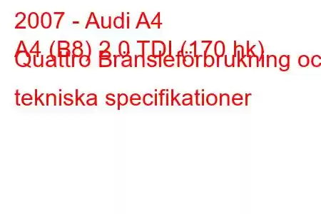 2007 - Audi A4
A4 (B8) 2.0 TDI (170 hk) Quattro Bränsleförbrukning och tekniska specifikationer