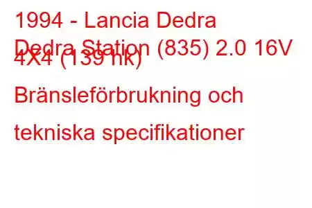 1994 - Lancia Dedra
Dedra Station (835) 2.0 16V 4X4 (139 hk) Bränsleförbrukning och tekniska specifikationer