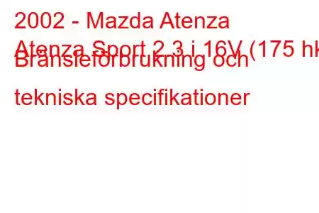 2002 - Mazda Atenza
Atenza Sport 2.3 i 16V (175 hk) Bränsleförbrukning och tekniska specifikationer