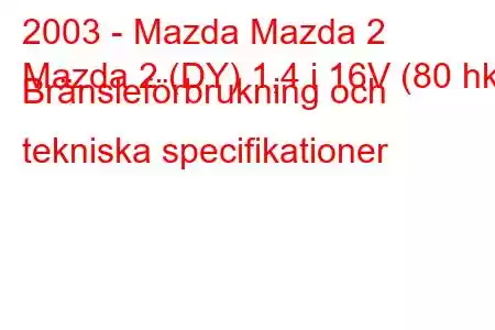 2003 - Mazda Mazda 2
Mazda 2 (DY) 1,4 i 16V (80 hk) Bränsleförbrukning och tekniska specifikationer