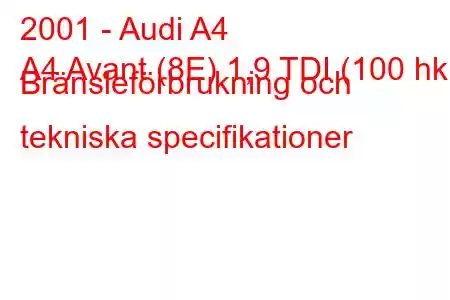 2001 - Audi A4
A4 Avant (8E) 1,9 TDI (100 hk) Bränsleförbrukning och tekniska specifikationer