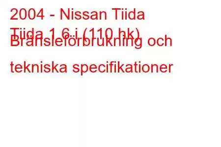 2004 - Nissan Tiida
Tiida 1.6 i (110 hk) Bränsleförbrukning och tekniska specifikationer