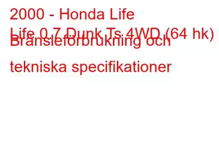 2000 - Honda Life
Life 0.7 Dunk Ts 4WD (64 hk) Bränsleförbrukning och tekniska specifikationer