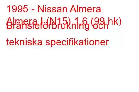 1995 - Nissan Almera
Almera I (N15) 1,6 (99 hk) Bränsleförbrukning och tekniska specifikationer