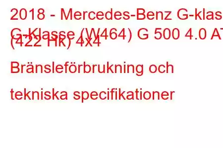 2018 - Mercedes-Benz G-klass
G-Klasse (W464) G 500 4.0 AT (422 Hk) 4x4 Bränsleförbrukning och tekniska specifikationer