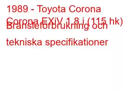 1989 - Toyota Corona
Corona EXiV 1.8 i (115 hk) Bränsleförbrukning och tekniska specifikationer