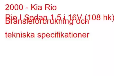 2000 - Kia Rio
Rio I Sedan 1,5 i 16V (108 hk) Bränsleförbrukning och tekniska specifikationer