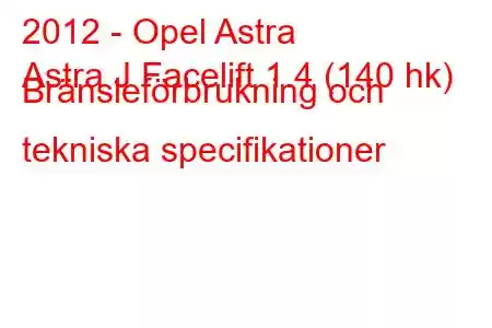 2012 - Opel Astra
Astra J Facelift 1.4 (140 hk) Bränsleförbrukning och tekniska specifikationer