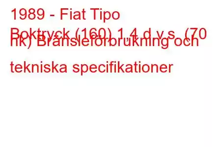 1989 - Fiat Tipo
Boktryck (160) 1,4 d.v.s. (70 hk) Bränsleförbrukning och tekniska specifikationer